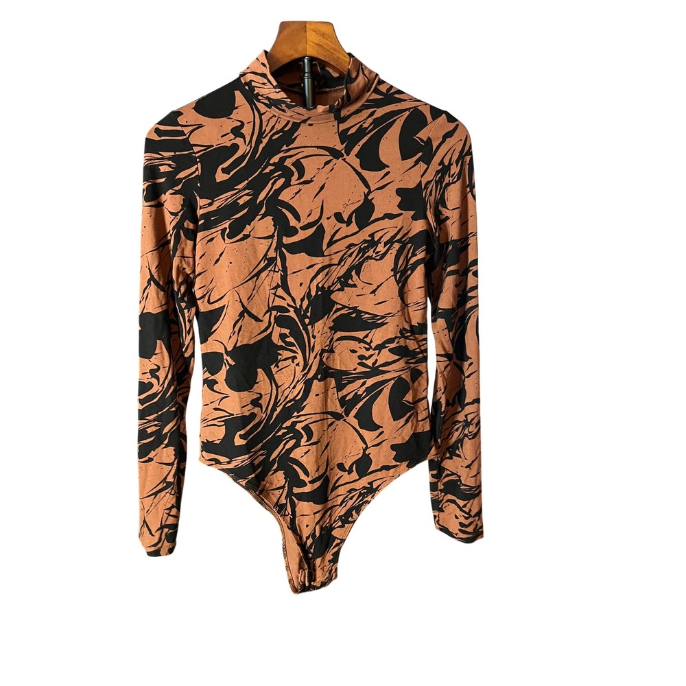 Target Brown Black Marble Abstract Mock Neck Long Sleeve Bodysuit